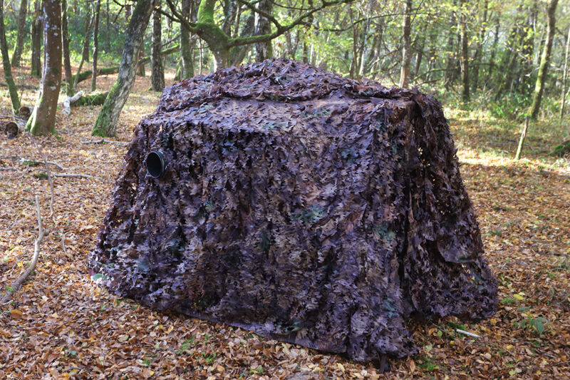 pixelpenguin- Een camouflagenet verborgen tussen een stapel bladeren in het bos.