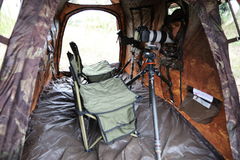 pixelpenguin- De binnenkant van een Tragopan Monal 2-persoons Schuiltent met stoelen en een camera.